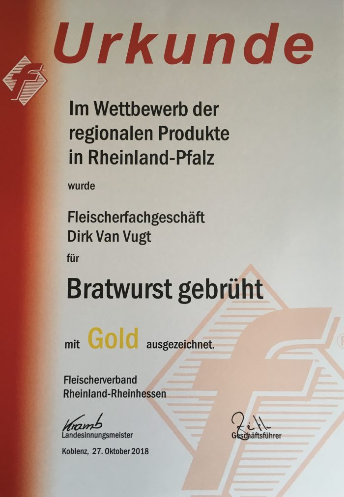 Bratwurst gebrüht Gold-Medaille 2018